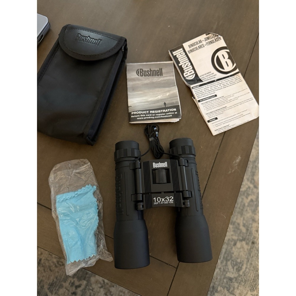Bushnell PowerView 10x32 Compact Folding Binoculars 13-1032 Case Strap Manuals